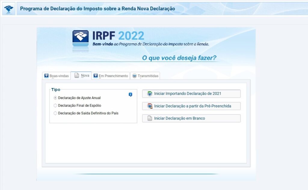 Tela inicial do Programa de Declaração do IRPF, disponível para download no site da Receita Federal ou nas lojas de aplicativos de smartphones.